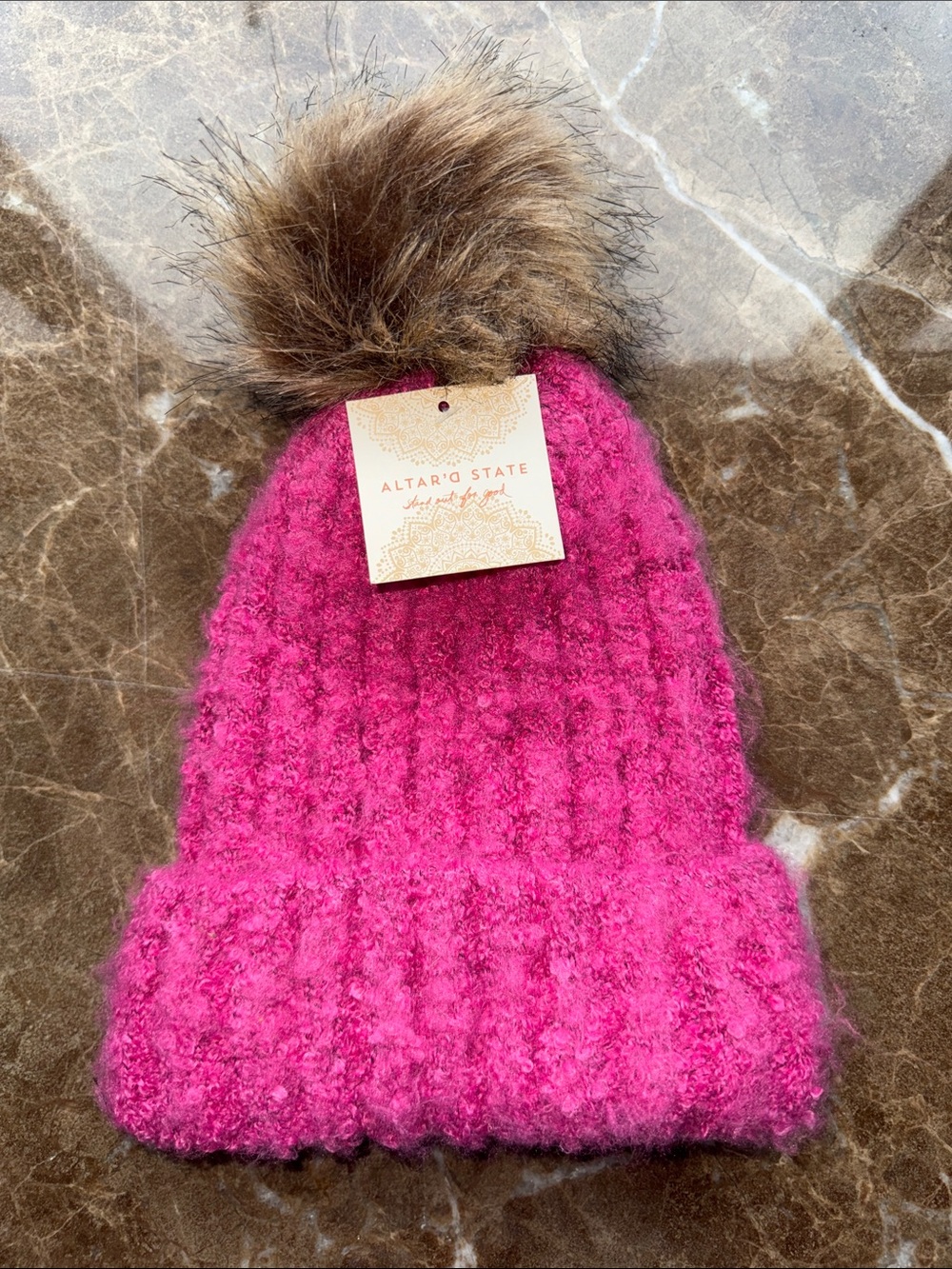 Altar'd State Kids Bright Pink Fuzzy Beanie with Brown Faux Fur Pom